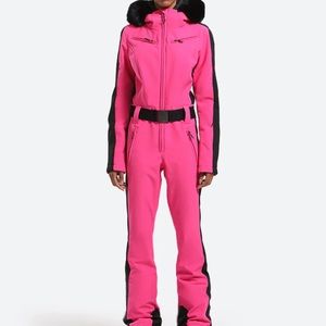 Gsou Snow pink one piece ski snow suit faux fur hood - medium - Goldbergh dupe